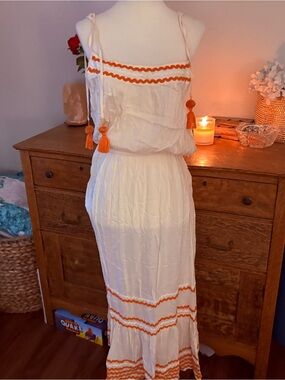 Blue Island Small Cream Maxi Dress with Orange Trim and Tassels